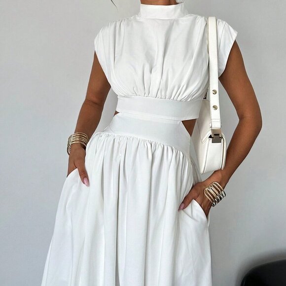 White Elegant Women's Hollow Pocket Cinched Waist Casual Midi Dress - Picture 1 of 7